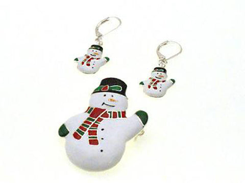 Christmas White Frosty Snowman Dual Function Brooch & Pendant with Popcorn Chain & Earrings Sets