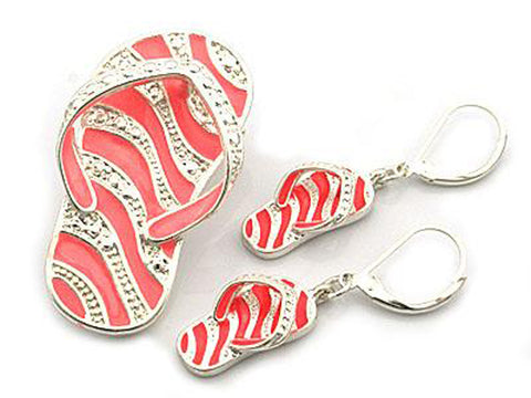 Pink Zebra Flip Flop Slippers Dual Function Brooch & Pendant with Popcorn Chain & Earrings