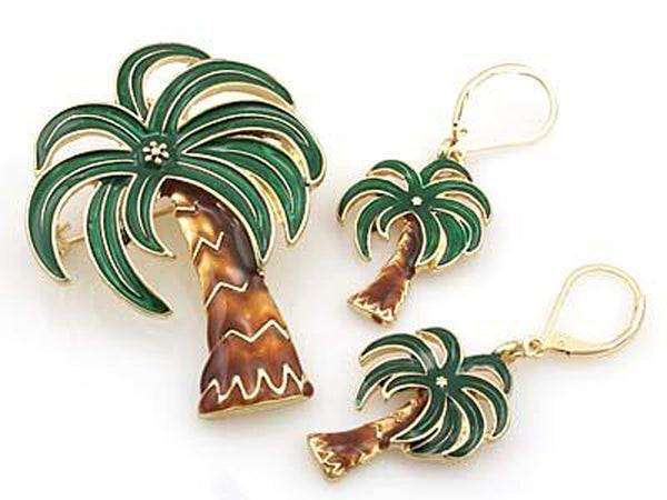 Green Goldtone Palm Tree Dual Function Brooch & Pendant & Earring Set by Jewelry Nexus