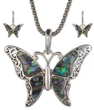 Green Abalone Butterfly Pendant with Popcorn Chain Necklace with Matching Earrings