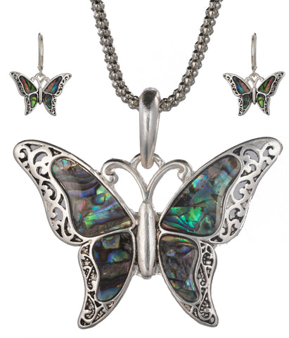 Green Abalone Butterfly Pendant with Popcorn Chain Necklace with Matching Earrings