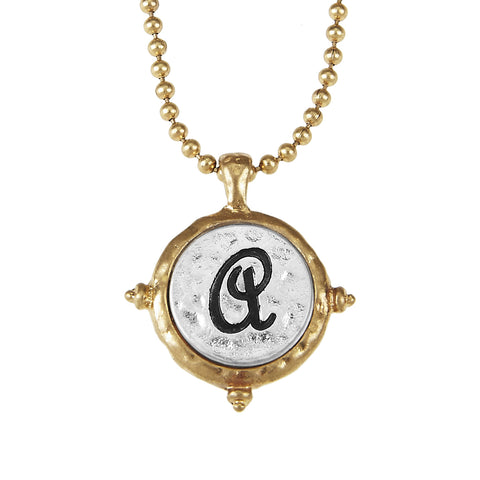 Monogram Two Tone Hammered French Script Initial Necklace by Jewelry Nexus