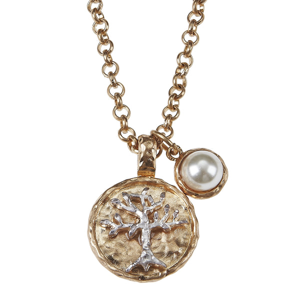2 Tone Hammered Tree Of Life Pendant in a Rolo Chain Necklace With Imitation Pearl Cabochon