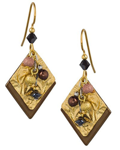 Silver Forest Rhomboid Metallic Gold-tone with Beads Dangle Earrings Ne-0723