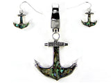 Green Abalone Shell Anchor Magnet Nautical Theme Pendant Set with Popcorn Chain & Earrings
