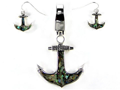 Green Abalone Shell Anchor Magnet Nautical Theme Pendant Set with Popcorn Chain & Earrings