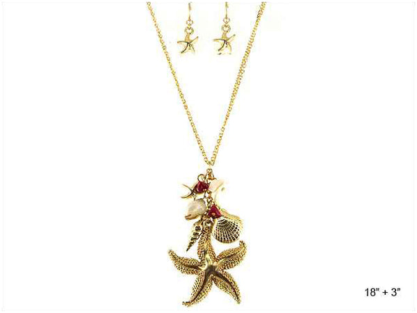 Textured Starfish Real Shell Dangle Necklace Set with Star Fish Earrings by Jewelry Nexus