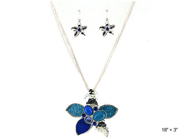 Hammered Silver-tone Flower Pendant Necklace Multi Layer Chain Set with Earrings