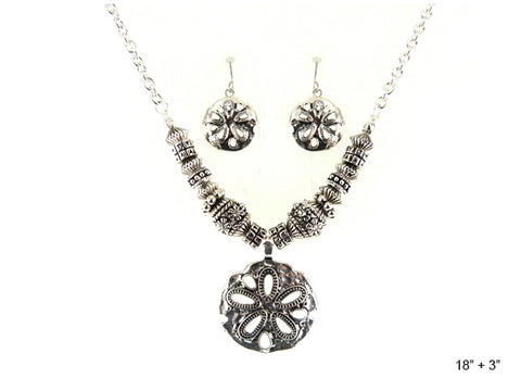 Hammered Sand Dollar Texture Antique Finish Necklace Set Earrings by Jewelry Nexus