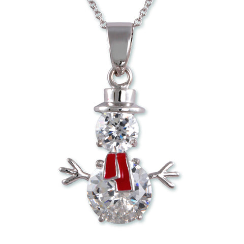 Highly Polished Silver-tone Snowman Crystals & Red Enamel Scarf Pendant Necklace by Jewelry Nexus
