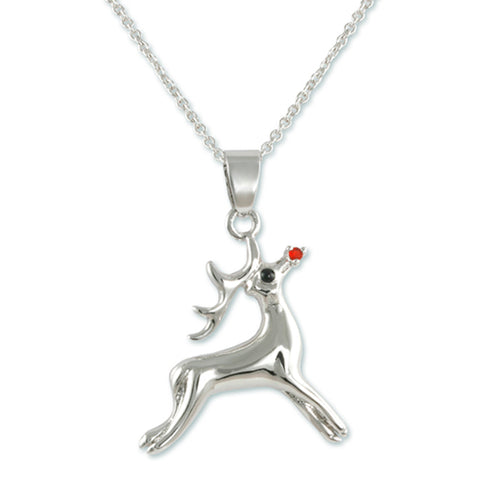 Highly Polished Silver-tone Reindeer Pendant with Red Crystal Nose Necklace by Jewelry Nexus