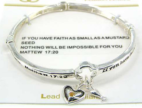 Seed Of Faith Heart & Fish Charm Engraved Stretch Inspirational Bracelet by Jewelry Nexus