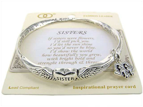 Silver-tone Sisters Twist Bangle Bracelet with Sisters Angel Heart Charm Prayer Card - Jewelry Nexus
