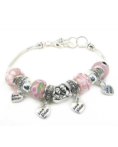 Love your Sister Pink Bead Charm Bracelet with Dangling Hearts by Jewelry Nexus