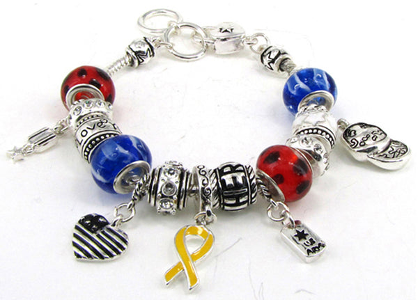 Silver-tone U.S. Army Troop Yellow Red White Blue Ribbon American Flag Charm Bracelet Jewelry Nexus