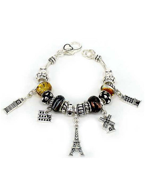 French Theme Paris Rome Eiffel Tower Windmill Tower of Pizza Dangling Charm Bracelet - Jewelry Nexus