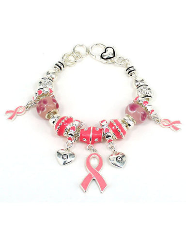 Pink Ribbon Theme Bead Designer Charm Strength Hope Victory Bracelet - Jewelry Nexus