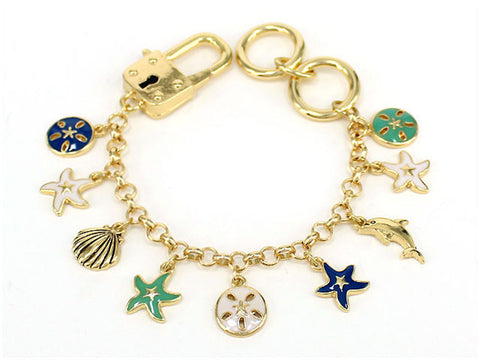 Sand Dollar Starfish Shellfish Dolphin Ocean Charm Designer Lock Bracelet by Jewelry Nexus