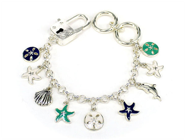 Sand Dollar Starfish Shellfish Dolphin Ocean Charm Designer Lock Bracelet by Jewelry Nexus