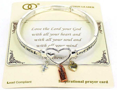 Matthew 22:37 Love the Lord Cross & Heart Charm Inspirational Bracelet Prayer Card by Jewelry Nexus
