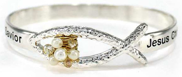 Ichtus Prayer Engraved with Imitation Pearl & Crystal Bracelet "Jesus Christ Son of God Savior"