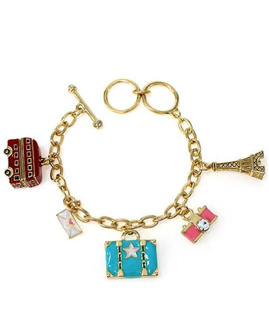 Europe Trip Travel Gold-tone Charm Bracelet Eiffel Tower London Bus Suitcase Camera Letter -Jewelry Nexus