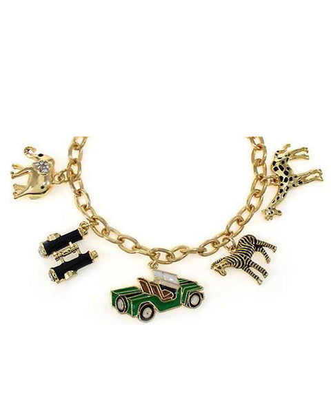 Gold African Safari Theme Charm Bracelet Zebra Giraffe Elephant Binoculars & Jeep by Jewelry Nexus