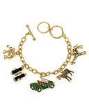 Gold-tone African Safari Theme Charm Bracelet Zebra Giraffe Elephant Binoculars & Jeep by Jewelry Nexus