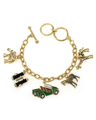 Gold-tone African Safari Theme Charm Bracelet Zebra Giraffe Elephant Binoculars & Jeep by Jewelry Nexus