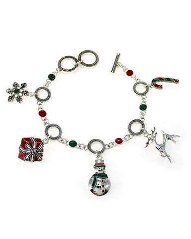 Christmas Theme Candy Cane Gift Snowflake Snowman Reindeer Charm Bracelet by Jewelry Nexus
