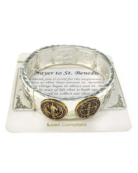 Prayer to St. Benedict Inspirational Engraved Hammered Stretch Bracelet  - Jewelry Nexus
