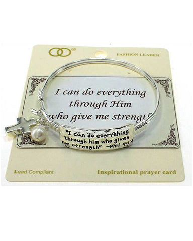 Philippians 4:13 Inspirational Engraved Hammered Cross & Pearl Charm Wire Bracelet by Jewelry Nexus