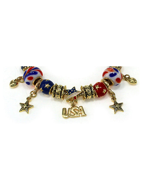I Love USA Theme American Flag Inspirational Bead Bracelet with Heart Lobster Claw by Jewelry Nexus