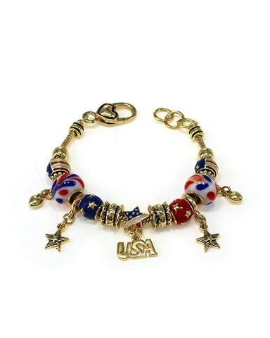 I Love USA Theme American Flag Inspirational Bead Bracelet with Heart Lobster Claw by Jewelry Nexus