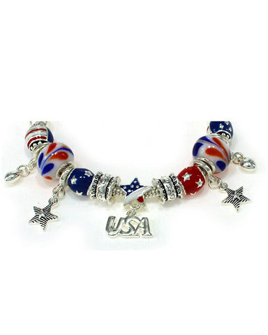 I Love USA Theme American Flag Inspirational Bead Bracelet with Heart Lobster Claw - Jewelry Nexus