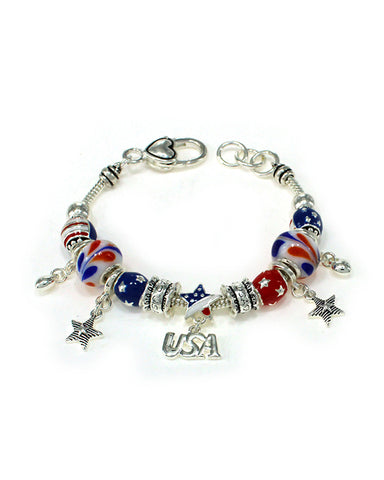 I Love USA Theme American Flag Inspirational Bead Bracelet with Heart Lobster Claw by Jewelry Nexus