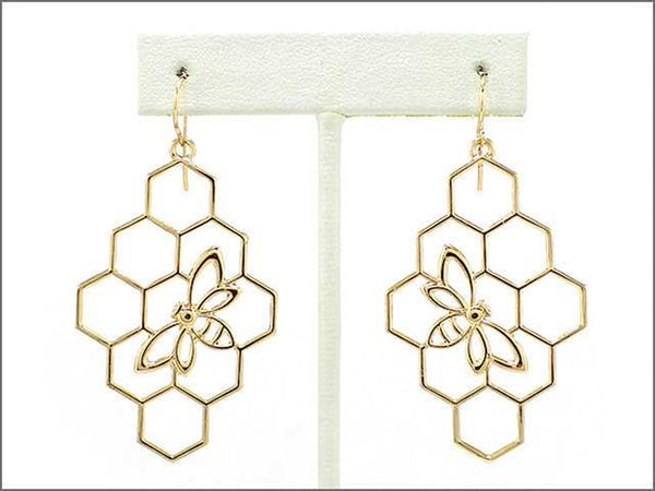 Honeycomb Bumble Bee French Wire Dangle Drop Earrings by Jewelry Nexus