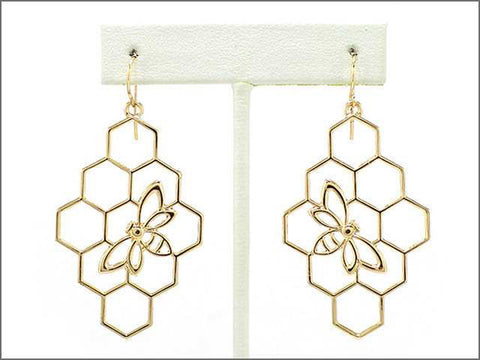 Honeycomb Bumble Bee French Wire Dangle Drop Earrings by Jewelry Nexus