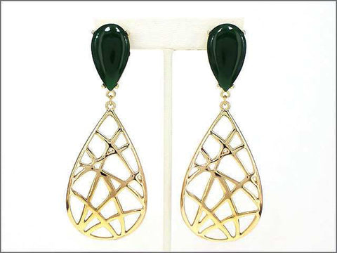 Green Gold-tone Lattice Tear Drop Dangle Earrings by Jewelry Nexus