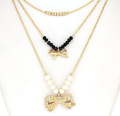 Ribbon Bow Multi Layer Imitation Pearl Stone Designer Giggles Curls Necklace by Jewelry Nexus