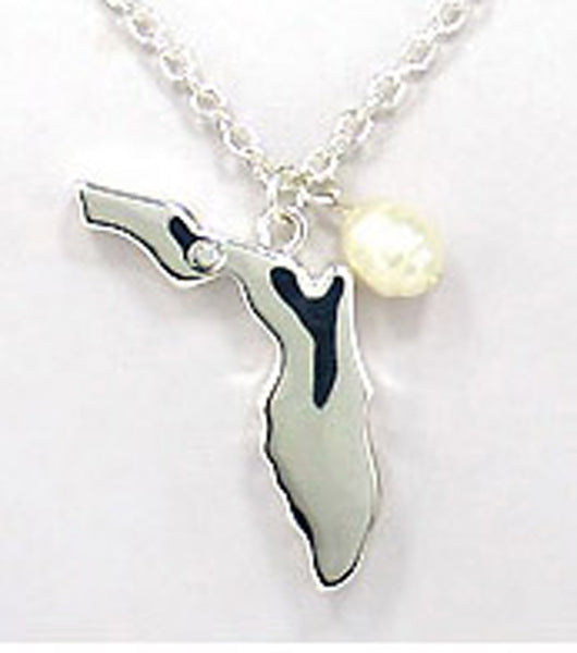 American State Map & State Name Engraved with Imitation Pearl and Crystal 18" Necklace