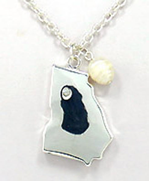 American State Map & State Name Engraved with Imitation Pearl and Crystal 18" Necklace