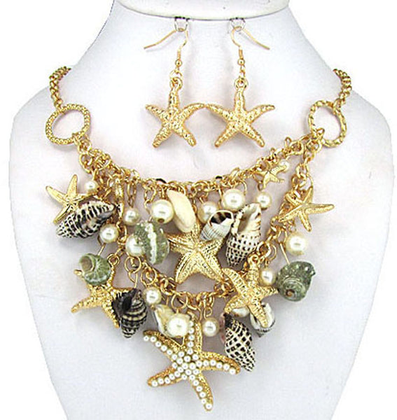 Pearl Star Fish Real Shell Imitation Pearl Nautical Necklace Set Earrings by Jewelry Nexus
