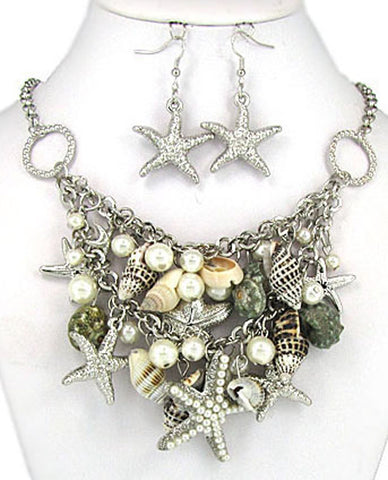 Pearl Star Fish Real Shell Imitation Pearl Nautical Necklace Set Earrings by Jewelry Nexus