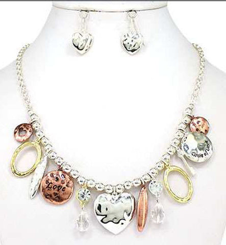 Hammered Heart Circle of Love 18" Necklace set with Heart Earrings in a Gift Box by Jewelry Nexus
