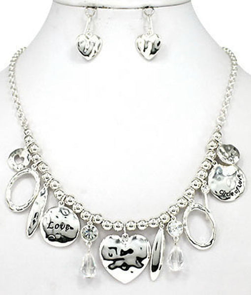 Hammered Heart Circle of Love 18" Necklace set with Heart Earrings in a Gift Box by Jewelry Nexus