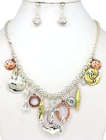 Hammered Anchor with Circle of Hope 18" Necklace set with Anchor Earrings by Jewelry Nexus
