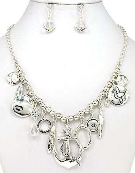 Hammered Anchor with Circle of Hope 18" Necklace set with Anchor Earrings by Jewelry Nexus
