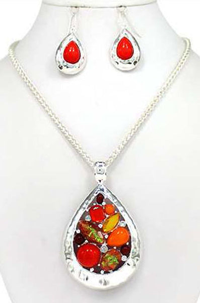 Orange Tear Drop Hammered Epoxy Stone and Crystal 18" Necklace Set with Earrings Jewelry Nexus