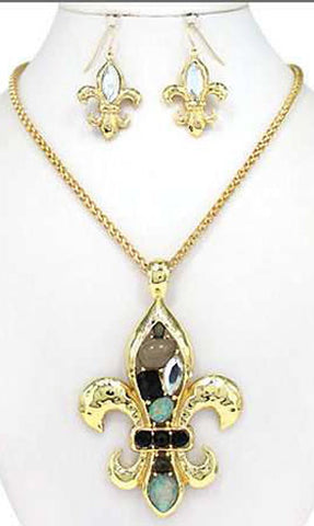 Hammered Fleur De Lis Epoxy Stone & Crystal Necklace & Earring Set By Jewelry Nexus